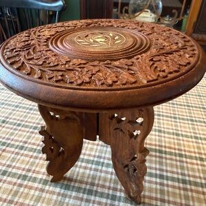 Vintage Intricately Carved Wood Tabletop Plant Stand